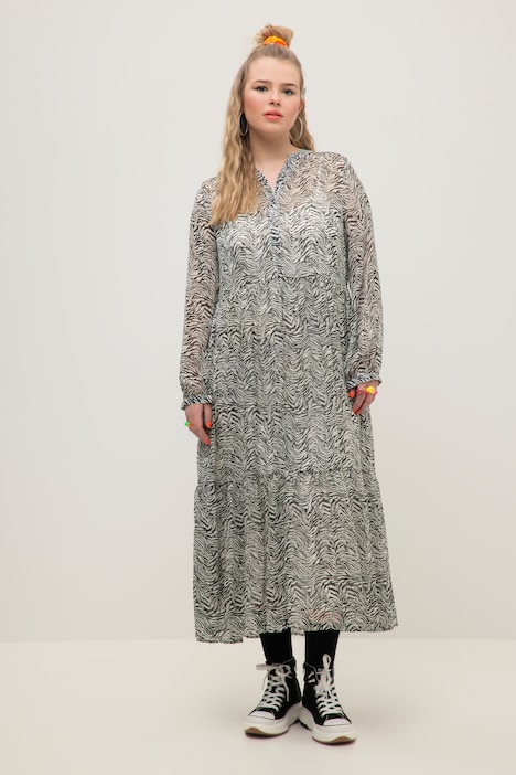 Maxikleid, A-Line, Chiffon, Zebra Muster, Rundhals, Langarm
