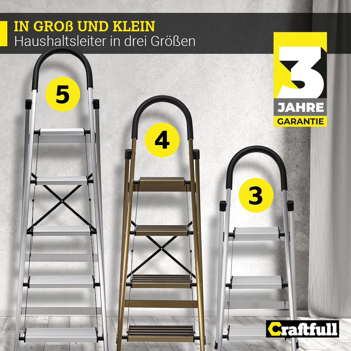 Craftfull Design-Stehleiter CF-134A, Aluminium-Klappleiter, 6cm dünn, Champagner/Silber, 3-5 Stufen (3 Stufen Champagner Edition)