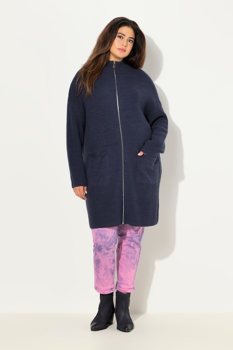 Long-Strickjacke, Oversized, Stehkragen, Rippstrick