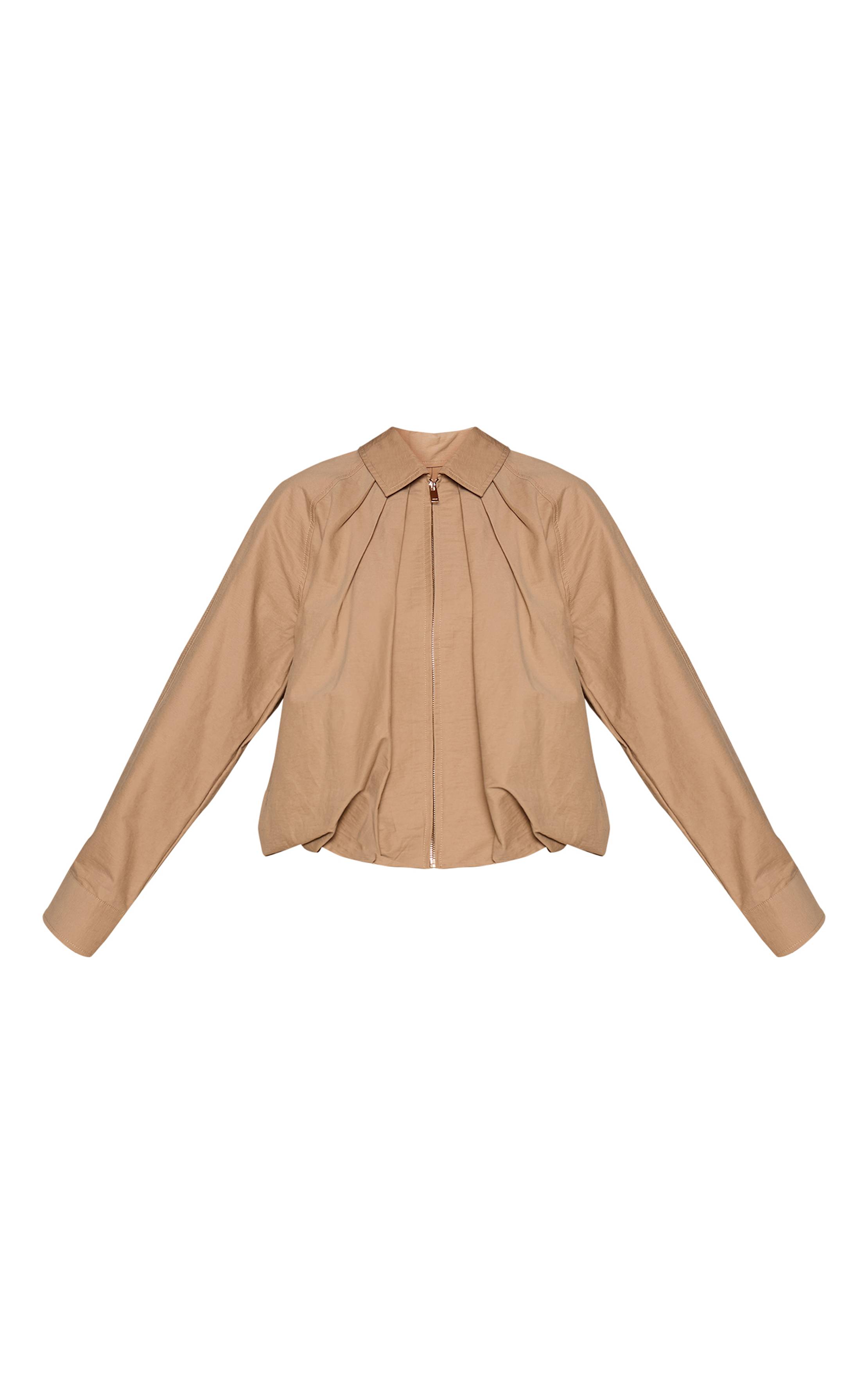 Beige Veste Bomber Zippée À Ourlet Froncé