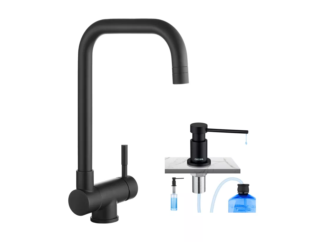 Cecipa max Mitigeur Cuisine Rabattable Noir Robinet de Cuisine Sous Fenêtre + Distributeur de Savon de Cuisine Noir