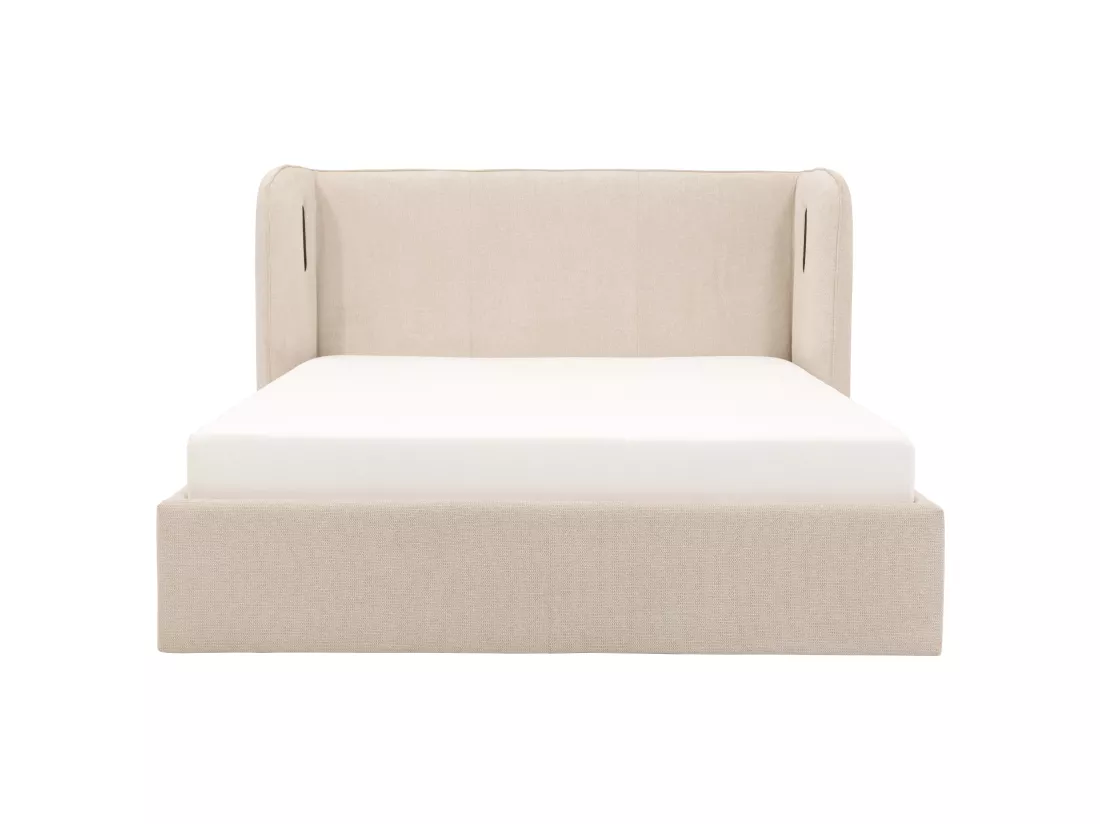 Lit coffre 180 x 200 cm avec tête de lit incurvée - Avec LEDs - Tissu - Beige - STOKALI