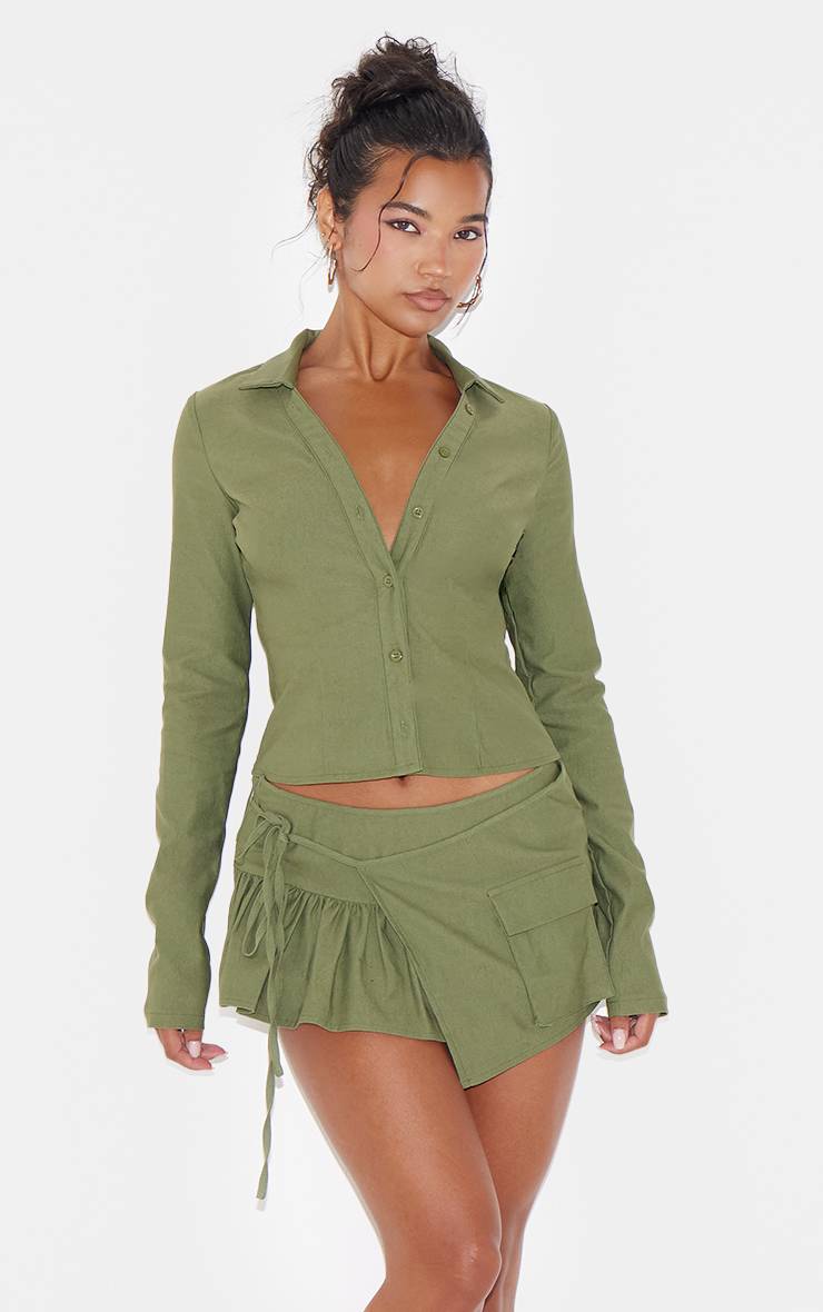 Kaki Ensemble Coordonné Chemise Cargo Tissée À Manches Longues
