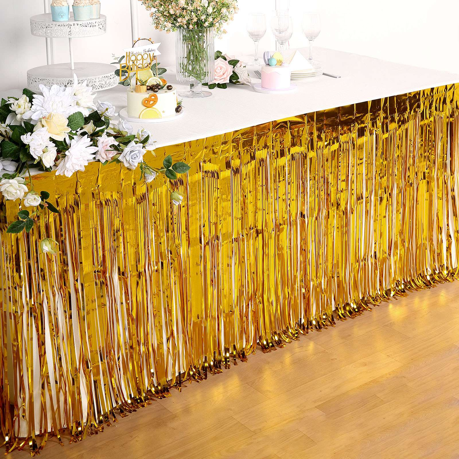 (275x75cm) Party Tisch Deko Metallic Lametta Vorhang Glänzender Fransen Vorhang für Apéro / Esstisch - Gold