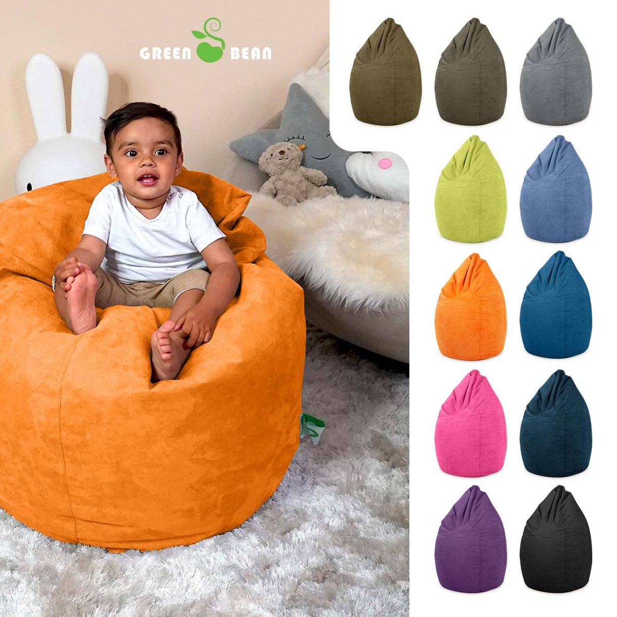 Green Bean Zitzak met rugleuning 60x60x90cm - Binnenzitkussen 220L vulling, comfortabel, wasbaar - Zitzak vloerkussen, loungestoel, voetenbank - oranje