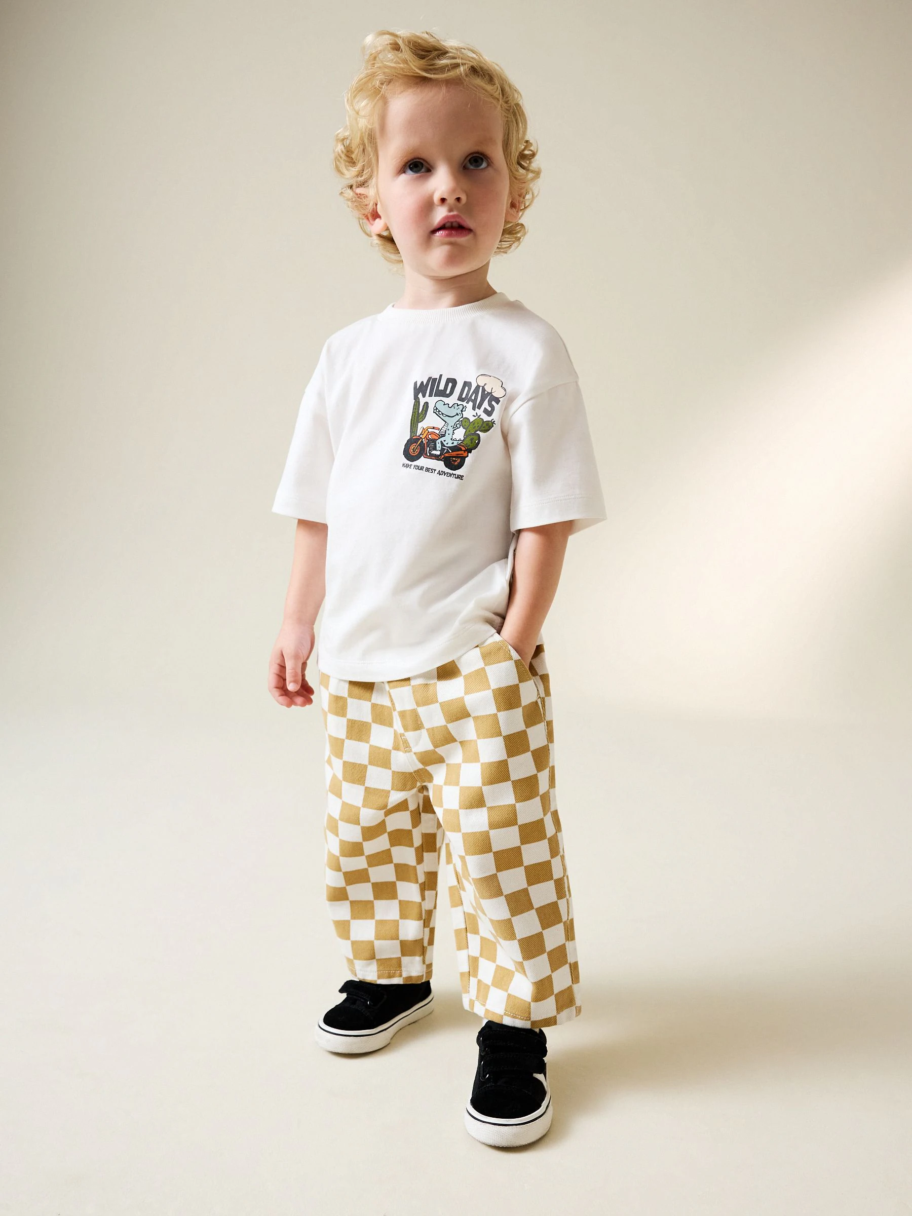 Yellow/White Checkerboard - Wijde broek met elastische taille (3mnd-7jr)