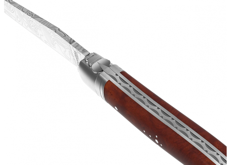 Couteau Laguiole collection damas avec un manche en loupe d'amboine et 2 mitres en acier inoxydable