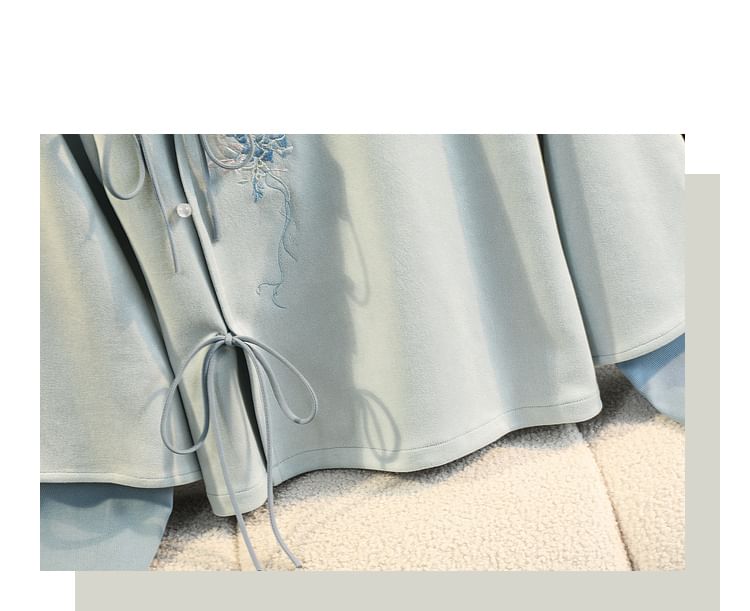 Fioridi - Hanfu-top met lange mouwen, bloemenborduursel en strik / A-lijn rok met hoge taille