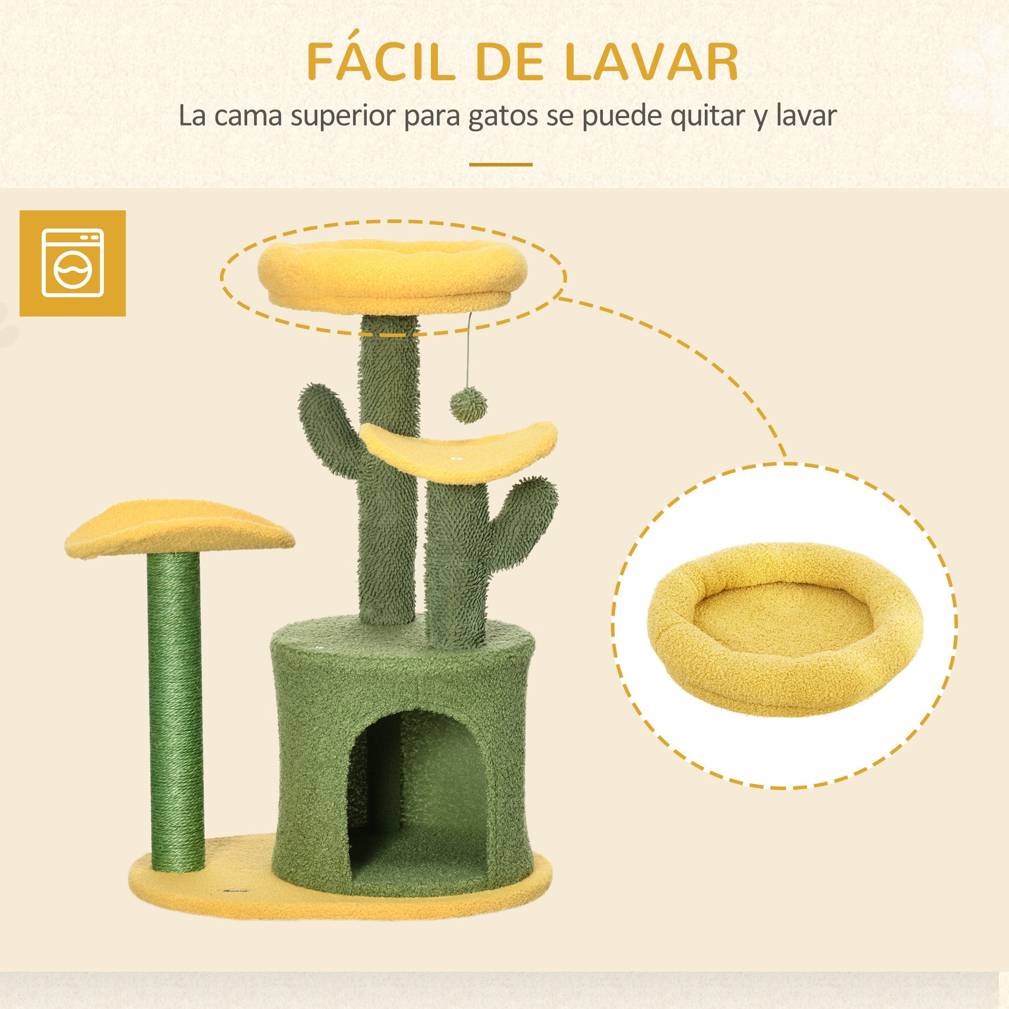 Arranhador para gatos PawHut em formato de cacto amarelo e verde