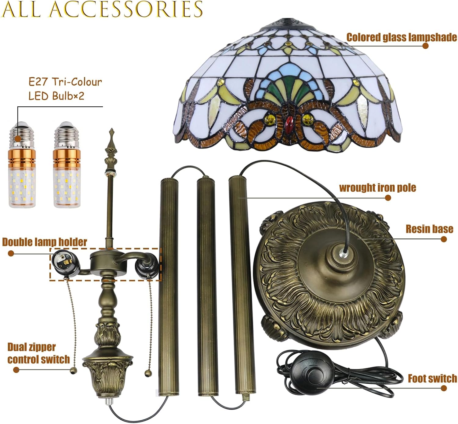 Stehlampe Tiffany Stil Vintage Lampe Groß,Boho Orientalische Art Deko Steh Leselampe,16 Zoll Buntglas Lampenschirm,Barock Antike Bogenlampe für Wohnzimmer Schlafzimmer,Mit 2 x E27 Birne (F-1)