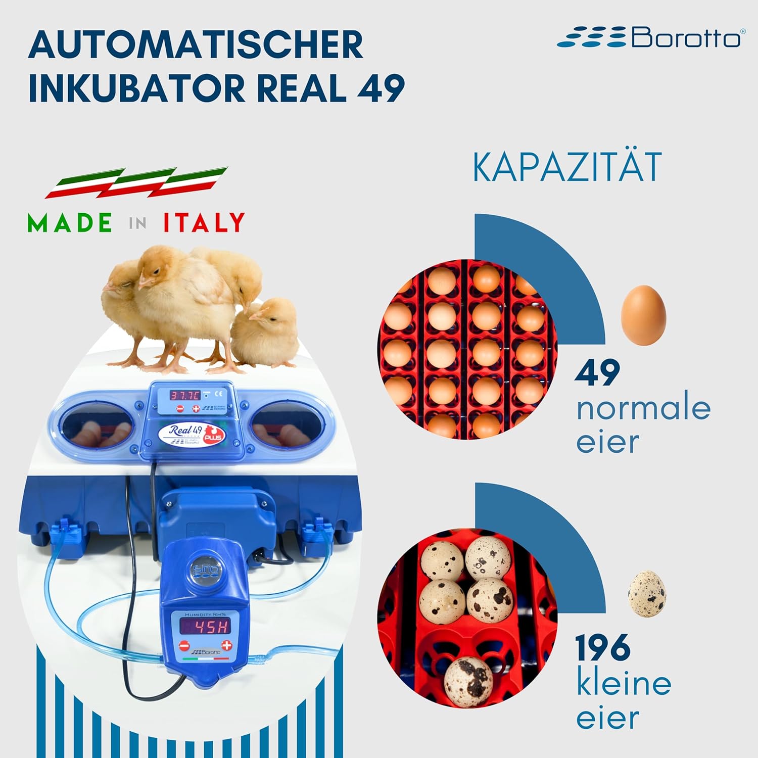 Borotto Real 49 Plus Expert | Brutautomat Vollautomatisch Professionelle für 49 oder 196 Kleine Eier mit Automatische Eierwender, Antibakterielles System, Luftbefeuchter Sirio | Hergestellt in Italien