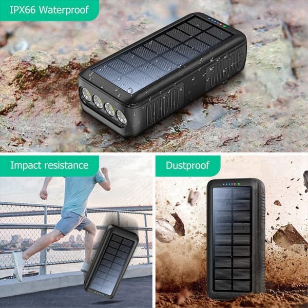 Håndsveiv 30000mAh Solar PowerBank Lightning/USB-C/mikrokabel