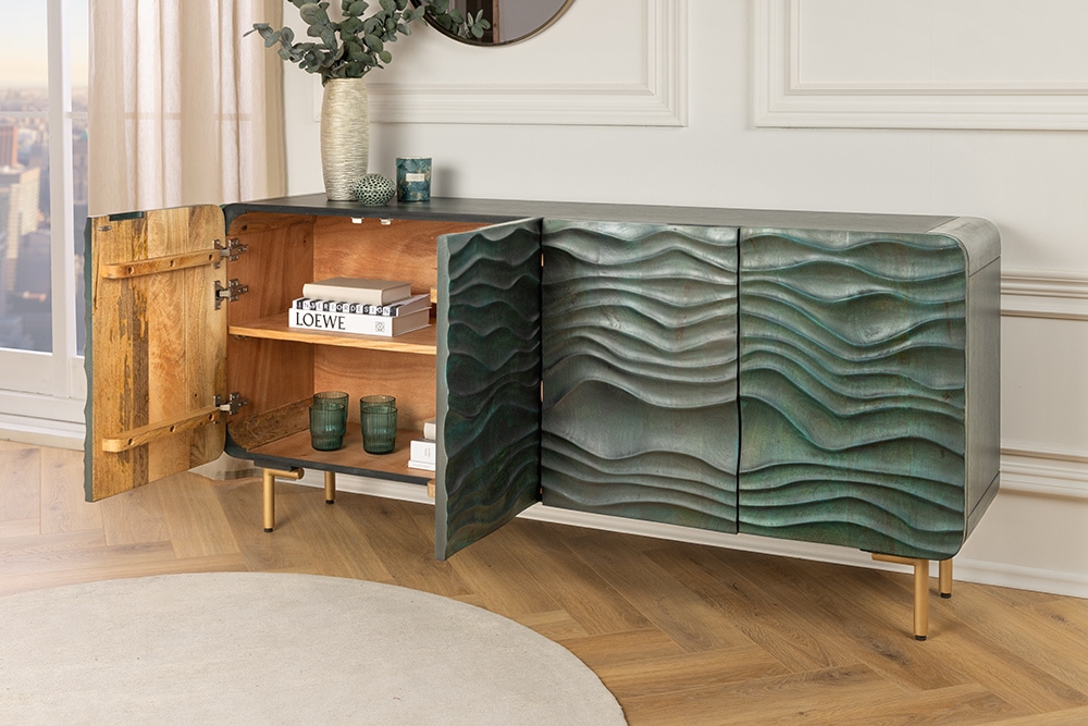 Design Sideboard WAVE 160cm türkis Mangoholz Massivholz mattgold Metallbeine