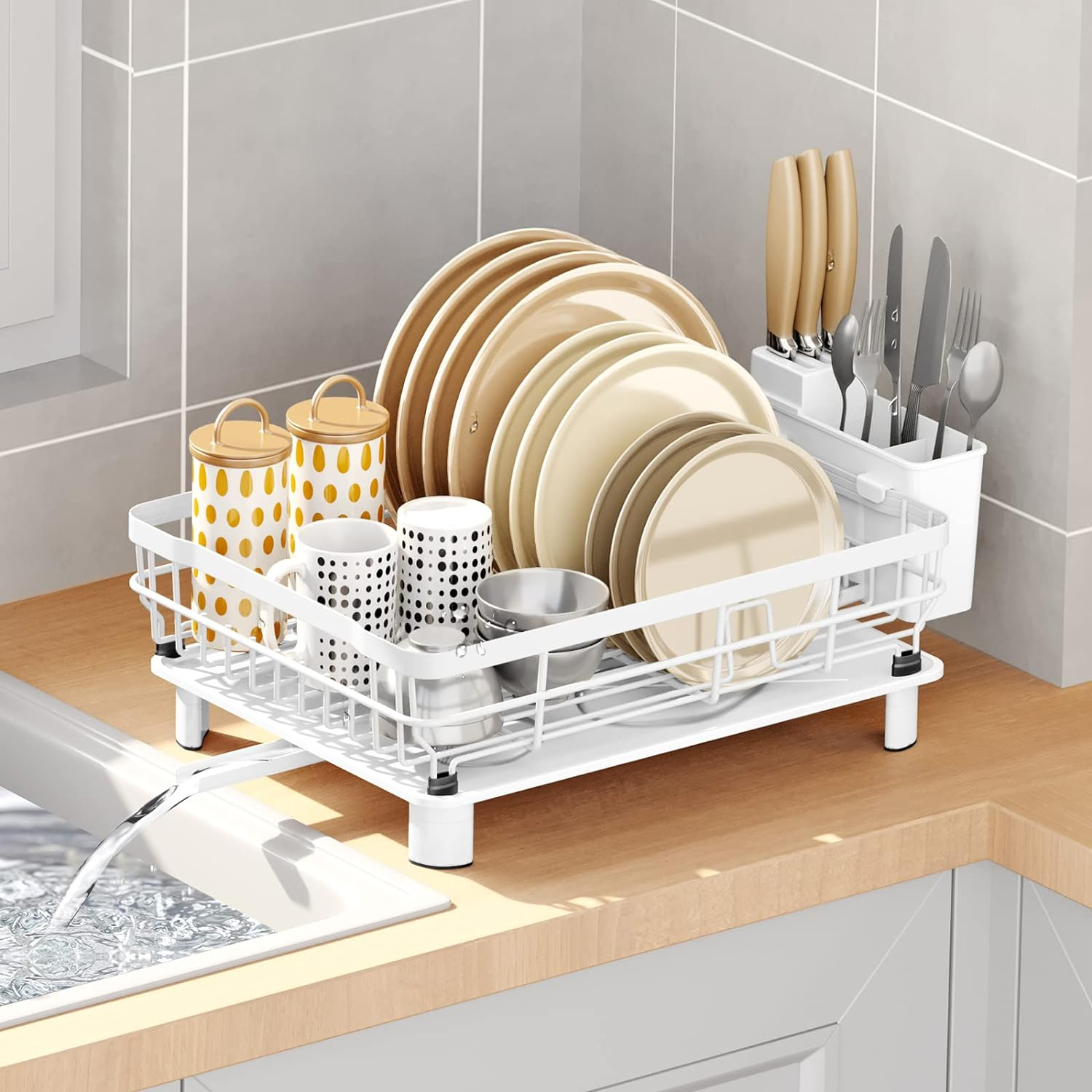 (43x33cm) Geschirr Abtropfgestell Küchen Trocknungskorb Teller Gitter Rack mit 360º Ablauf / Besteck Korb - Weiss
