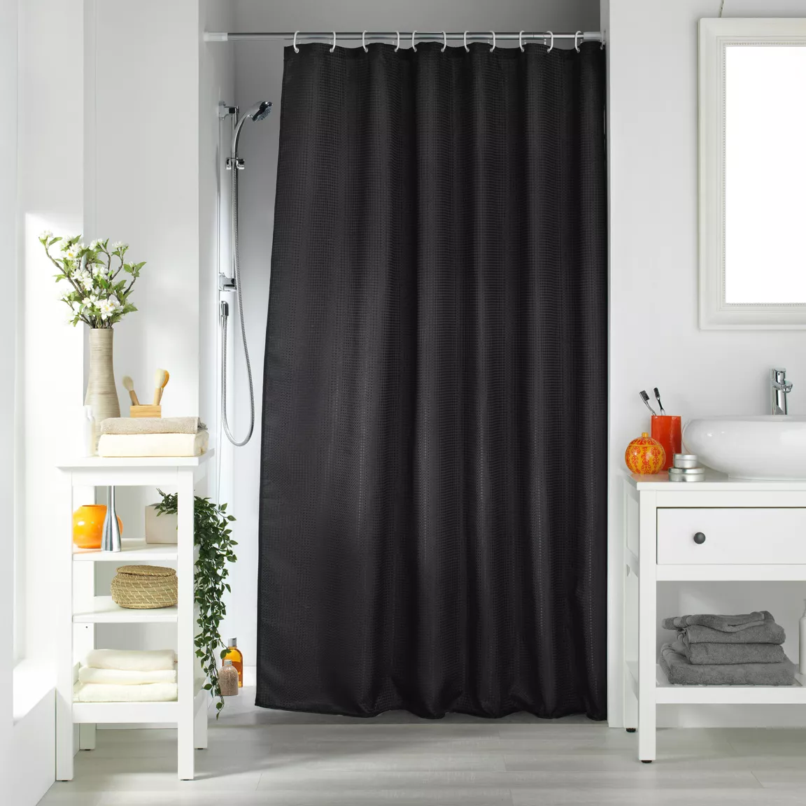 Rideau de douche effet tissé à anneaux (180 x 200 cm) Quartz Noir