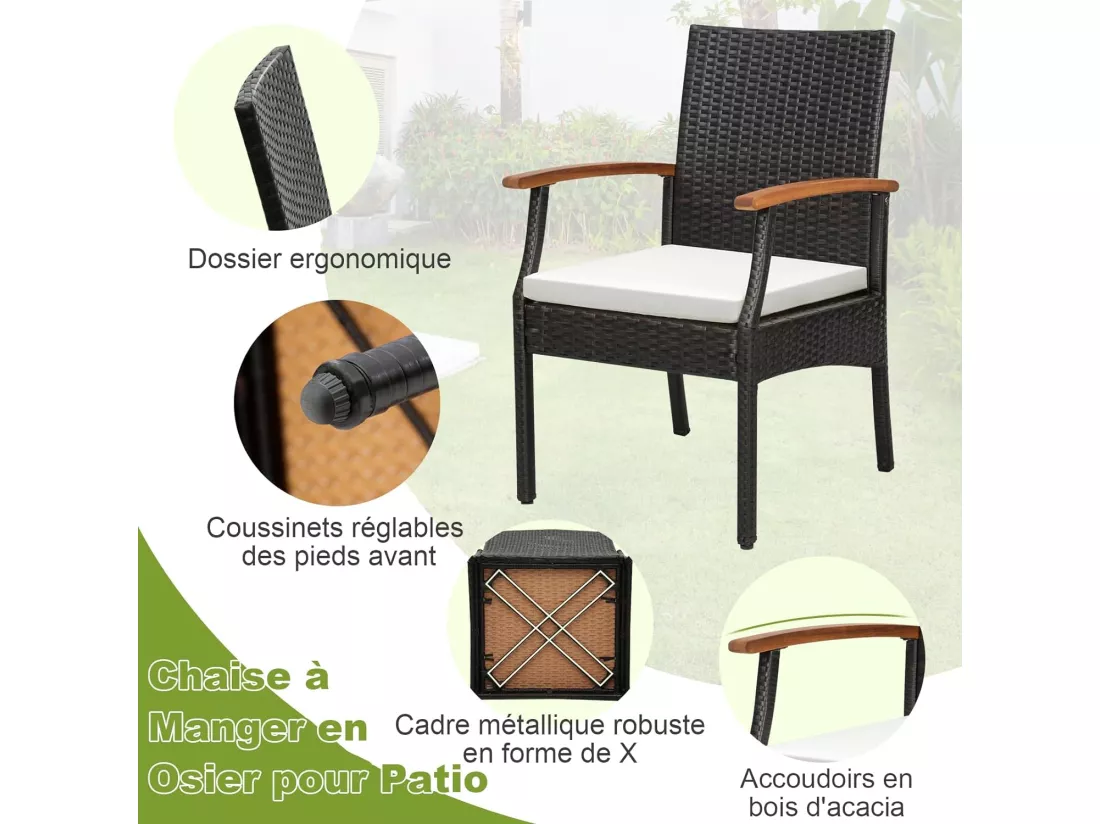 Fauteuil de Jardin Éxterieur Lot de 2 avec Coussins, Chaise Jardin Exterieur en Rotin et fibre naturelle PE avec Accoudoirs en Bois, Hauteur d'Assise 40 cm, pour Salon de Jardin, Terrasse, Patio