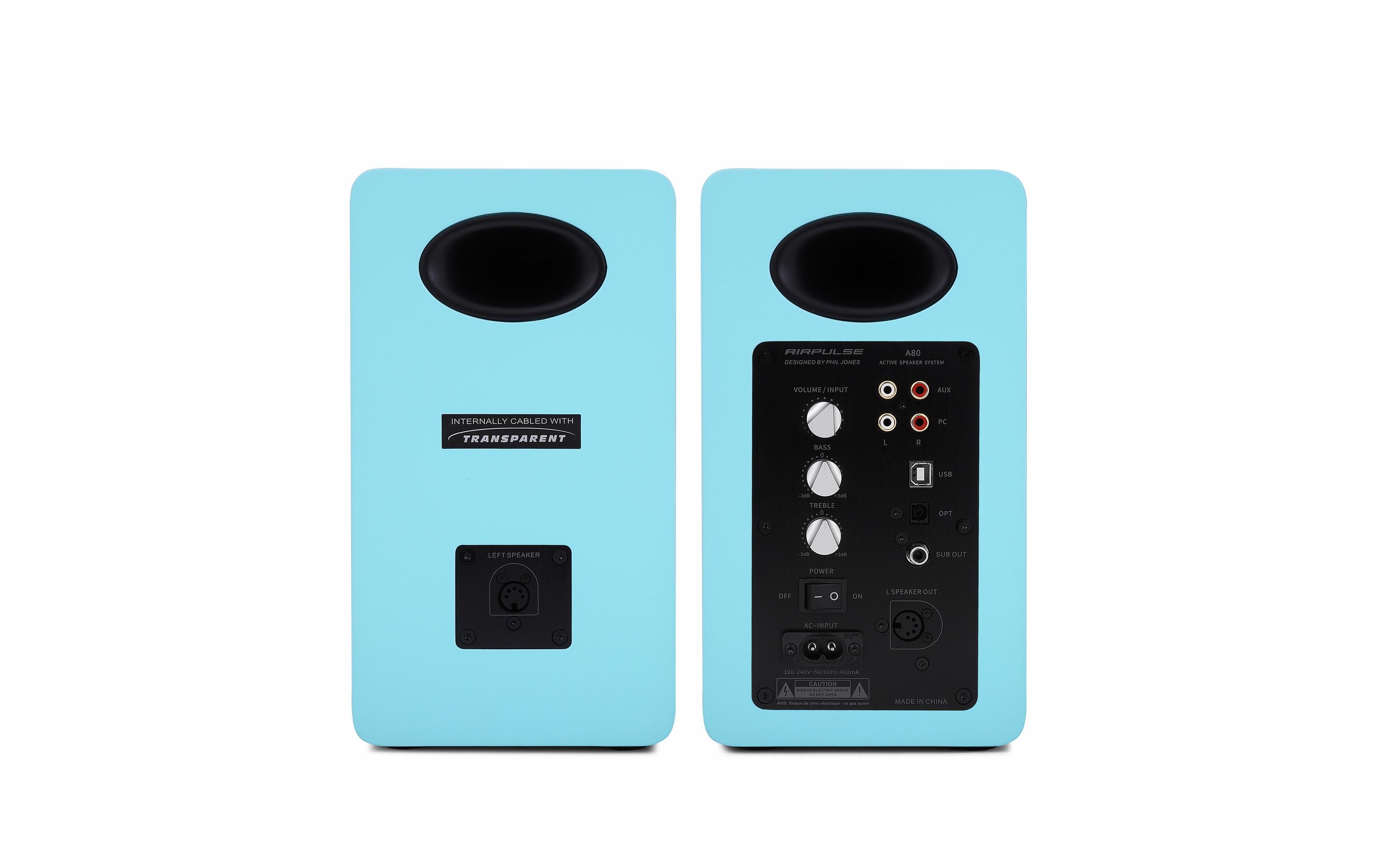 Regallautsprecher Paar Airpulse A80 Hellblau<br>Hi-Res Aktivlautsprecher mit Bluetooth und vielen Anschlüssen