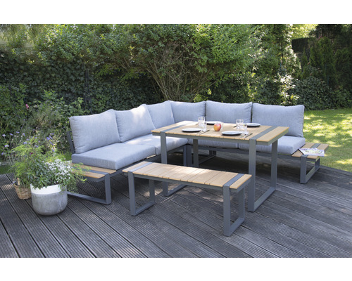 Garden Place Eila loungeset, 237 x 237 cm, 7-zits, 3-delig, inclusief tafel 120 x 70 x 69 cm in houtlook, inclusief lichtgrijze zitkussens