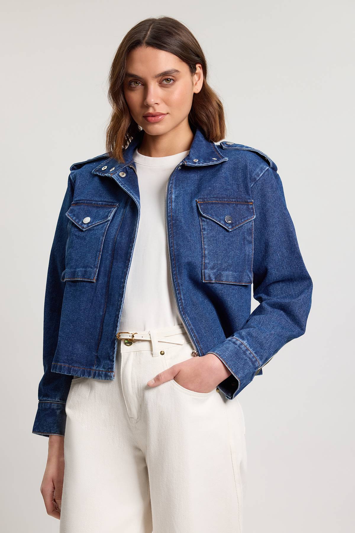 KarenMillen Veste En Denim Courte À Panneaux Latéraux