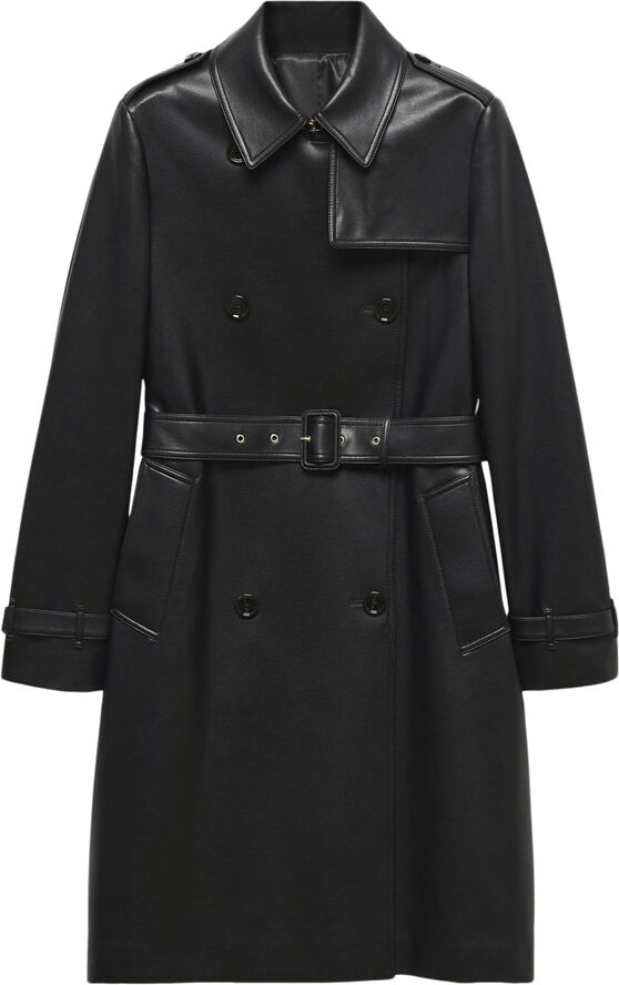 MANGO Leather-effect trench coat Black