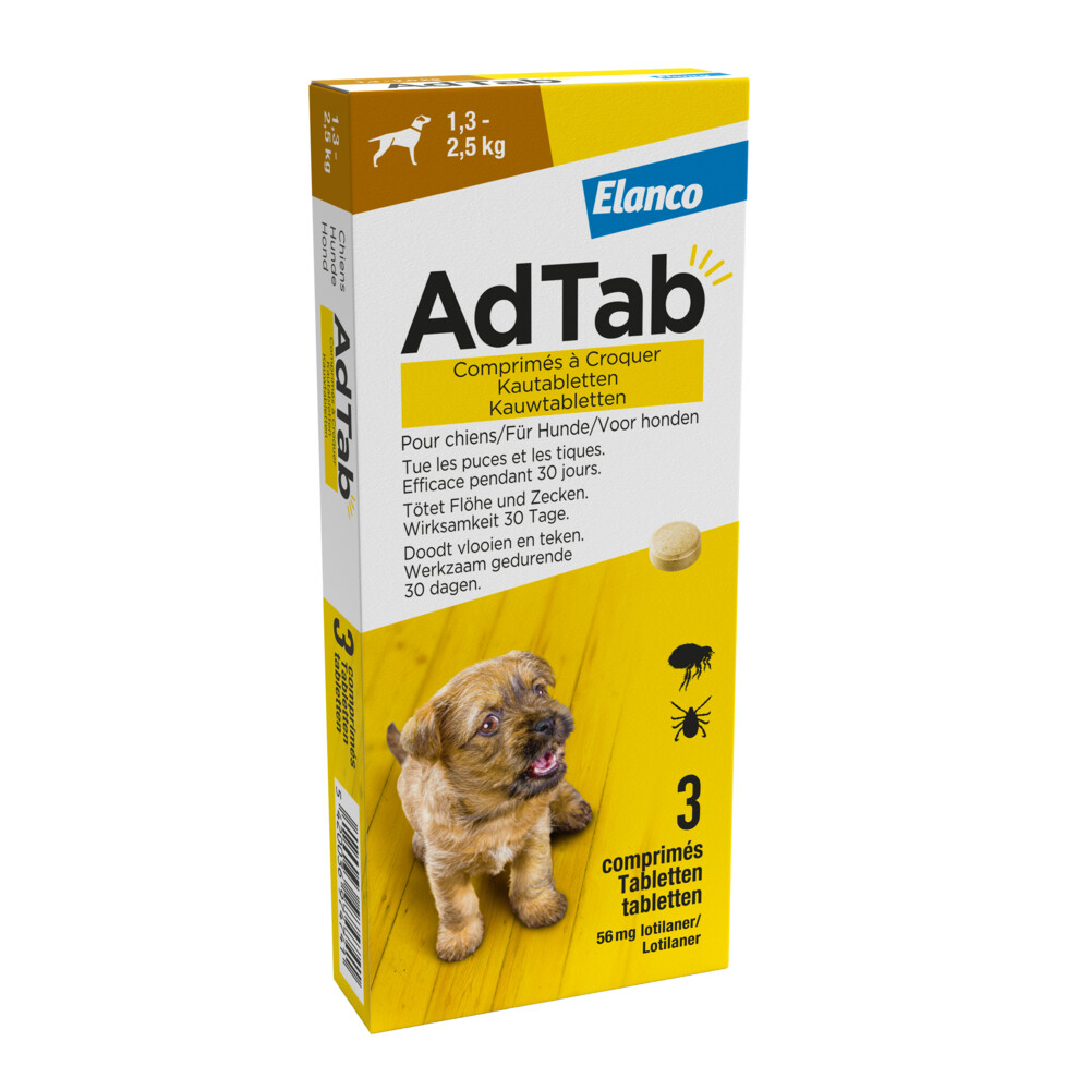 AdTab Anti Vlo en Teek Kauwtabletten Hond 1,3-2,5 kg3 tabletten