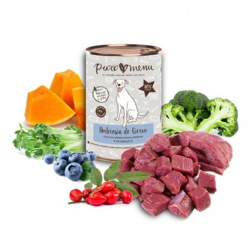 Pacote com 12 latas de ração úmida Puromenu para cães, sabor veado.