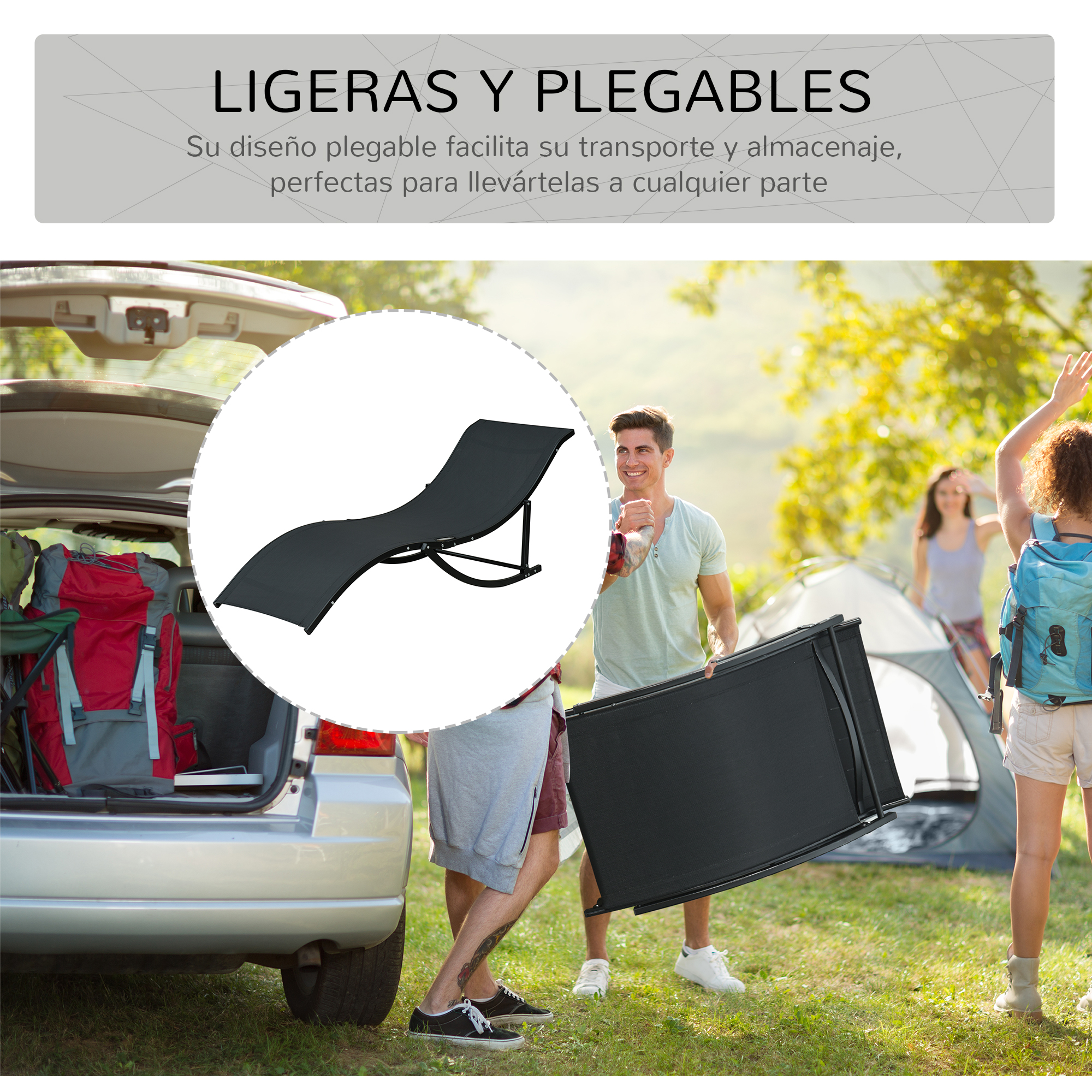 Espreguiçadeiras Outsunny 2 ergonômicas dobráveis em alumínio em formato de S com tecido Textilene para piscina, pátio, jardim e terraço, 165x61x63 cm, pretas.