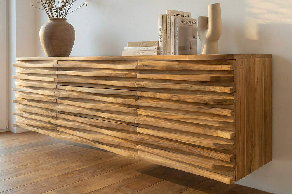 Hängendes Sideboard RELIEF 175cm natur Akazie Massivholz mit Schubladen