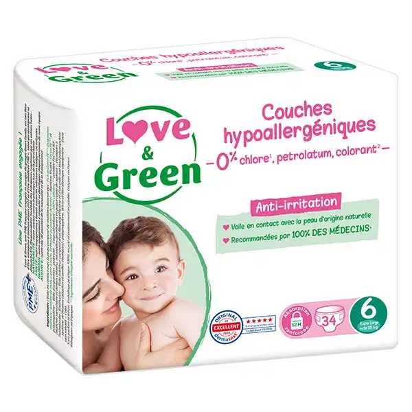 Fraldas hipoalergênicas Love & Green, tamanho 6 (+15kg), pacote com 34 unidades.
