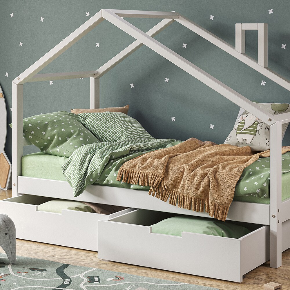VitaliSpa Kinderbett Lori 160x80 cm Weiß Hausbett mit Lattenrost & Schublade