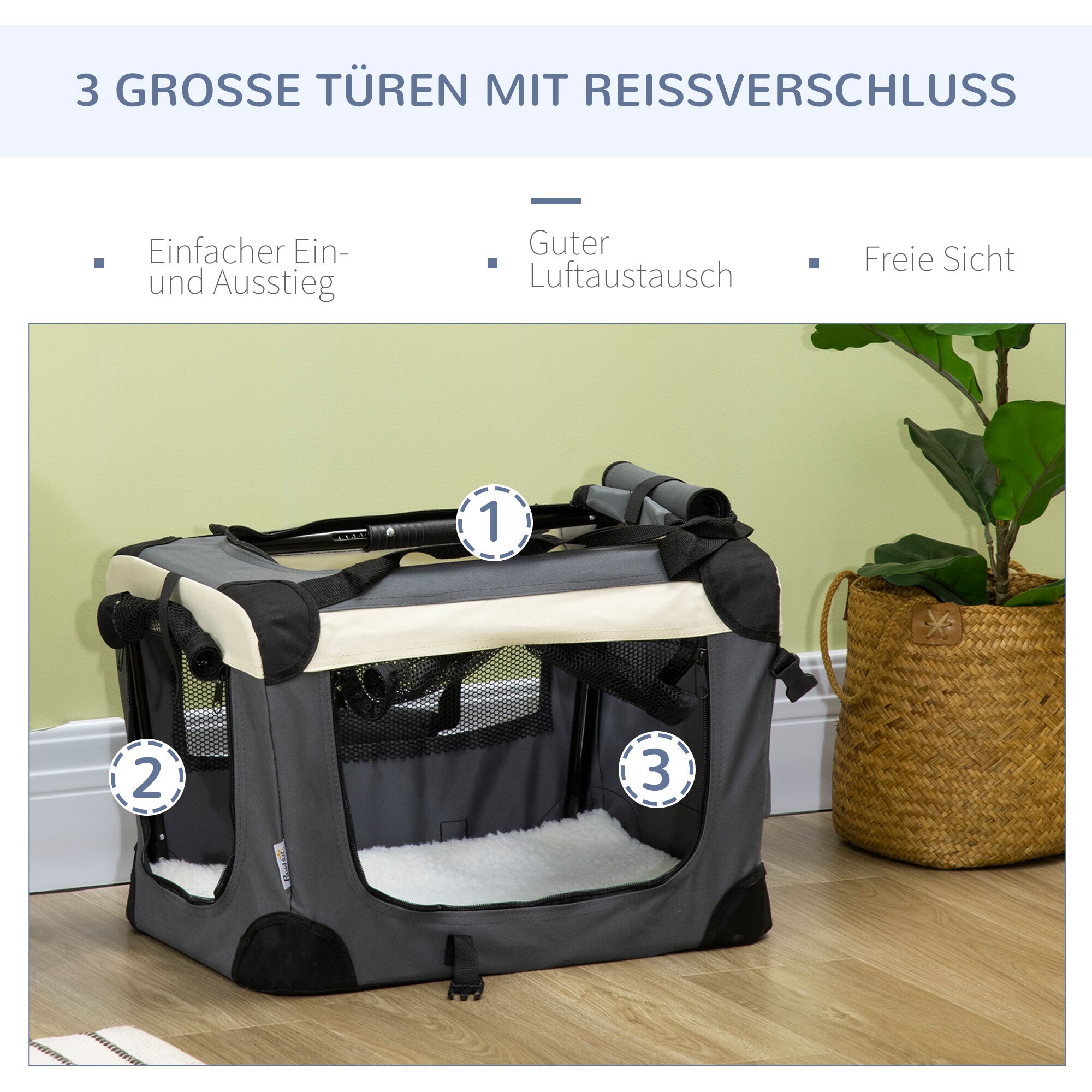 PawHut Tragetasche mit Kissen grau, schwarz 50,5L x 33,5B x 35H cm