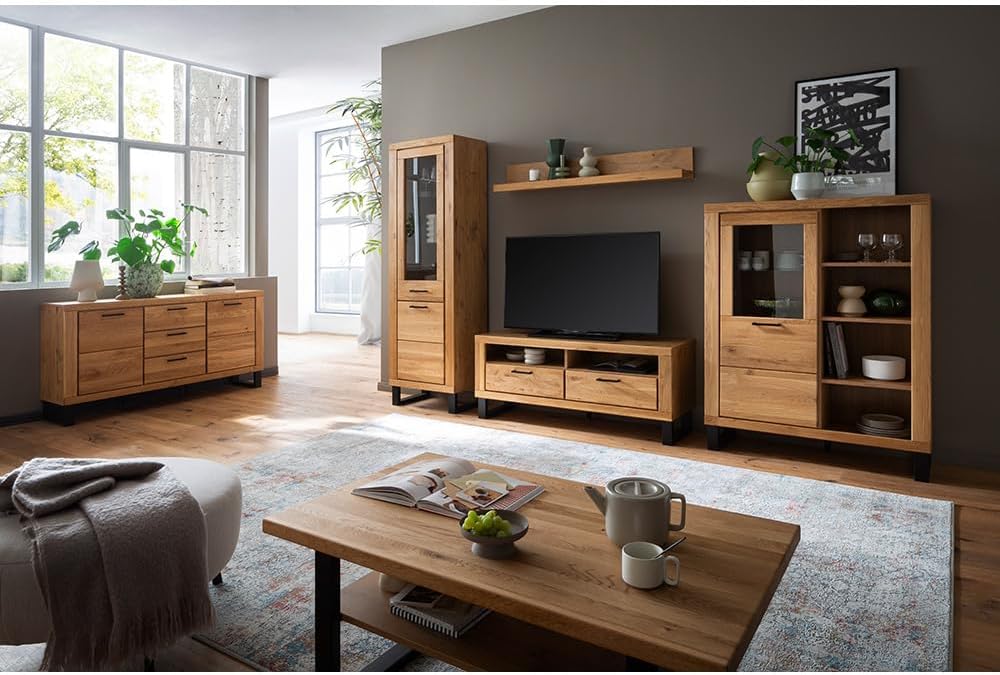 Lomadox Wohnzimmer Lowboard Fernsehschrank mit 138 cm Breite in Eiche teilmassiv, mit 2 offenen Fächern & 2 Schubladen, Echtholz/Massivholz-Fronten, geölt