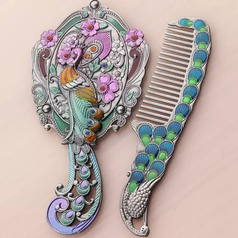 tuban - Set: Peacock Alloy Handheld Mirror + Hair Comb