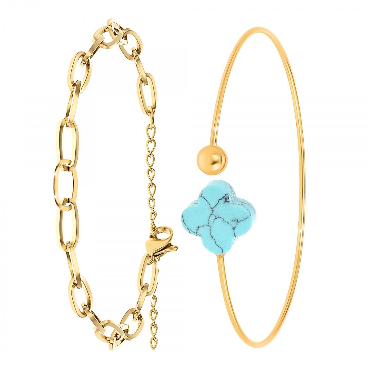 Lot de 2 bracelets SC Bohème en Laiton Finement doré orné d'une pierre naturelle Turquoise