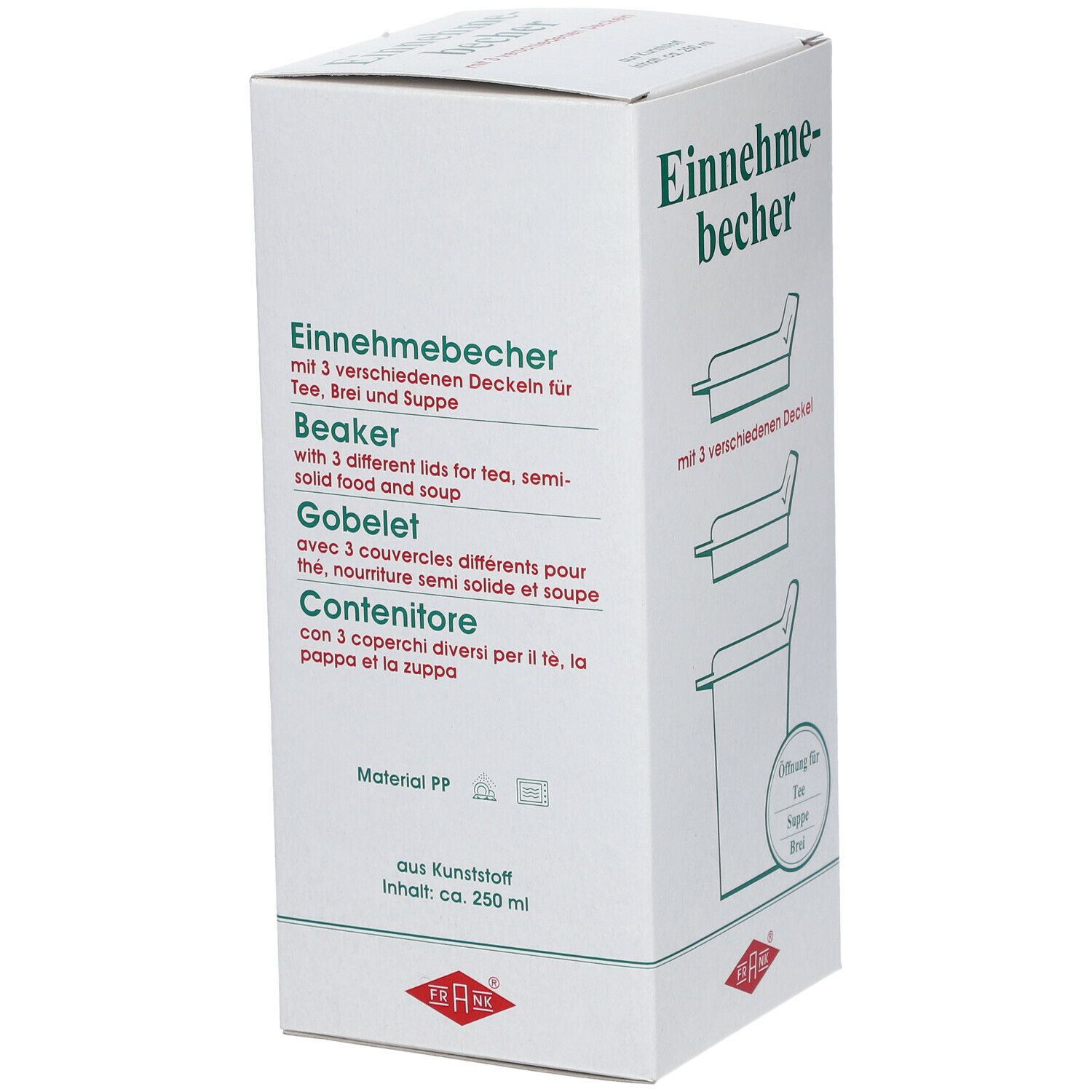 FRANK® Einnehmebecher Kunststoff mit austauschbaren Trinkdeckel 4 mm / 8 mm/ 12 mm