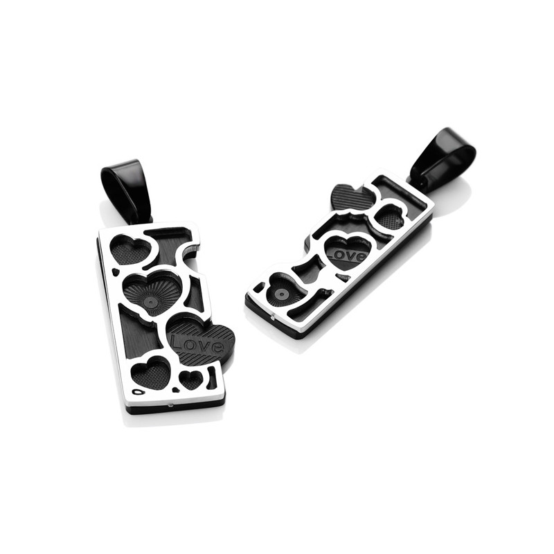 Parure Double Pendentifs Couple Plaque Coeurs en Acier inoxydable