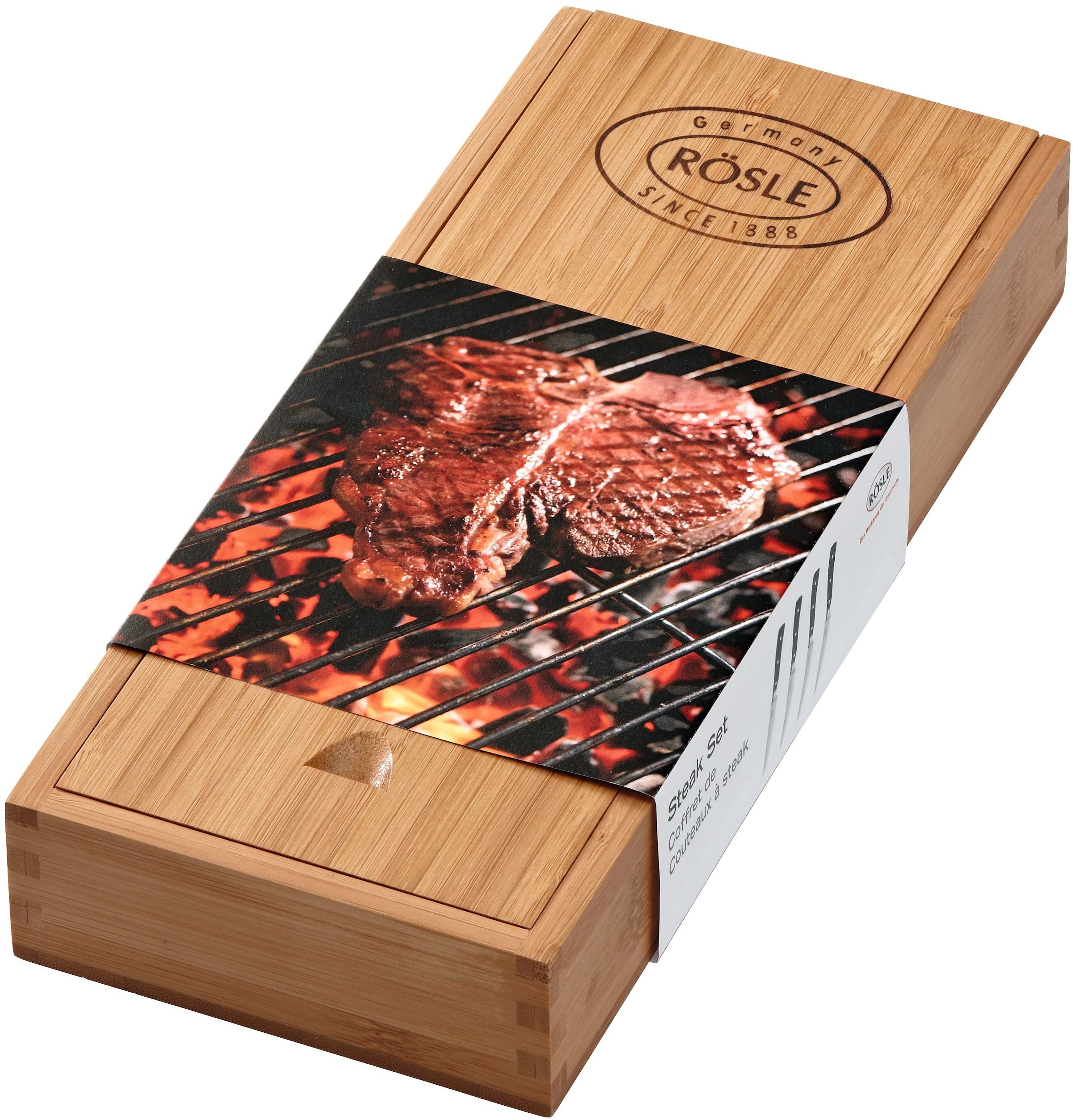 RÖSLE Steakmesser 4 Steakmesser mit Klinge aus Klingenspezialstahl, inkl. Holzbox