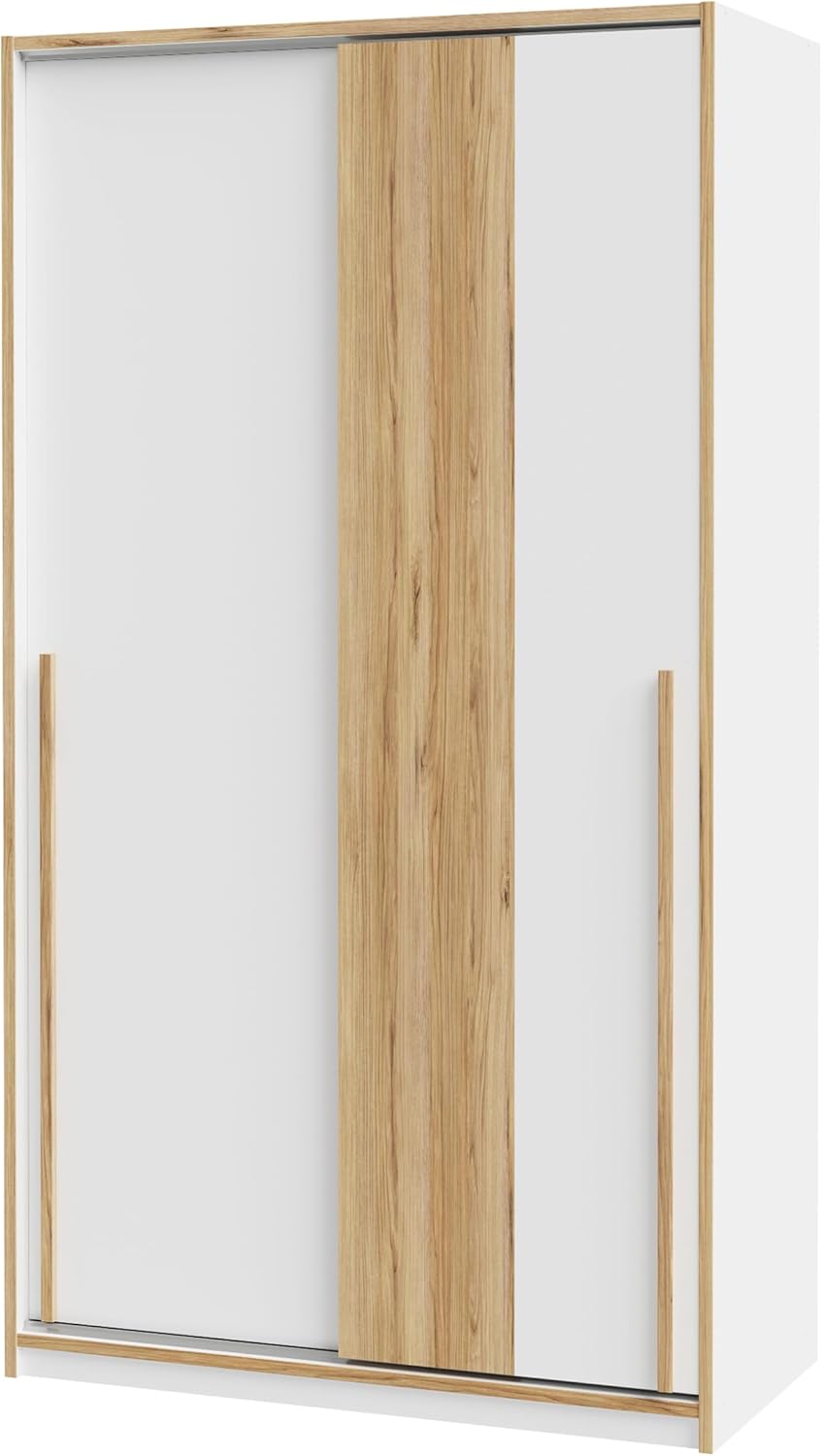 Forte SMARTROOM Kleiderschrank 120, Moderner Schrank mit Zwei Schwebetüren, Holzwerkstoff, Grau/Catania Eiche, 118,8 cm breit, 215 cm hoch, 57,3 cm tief