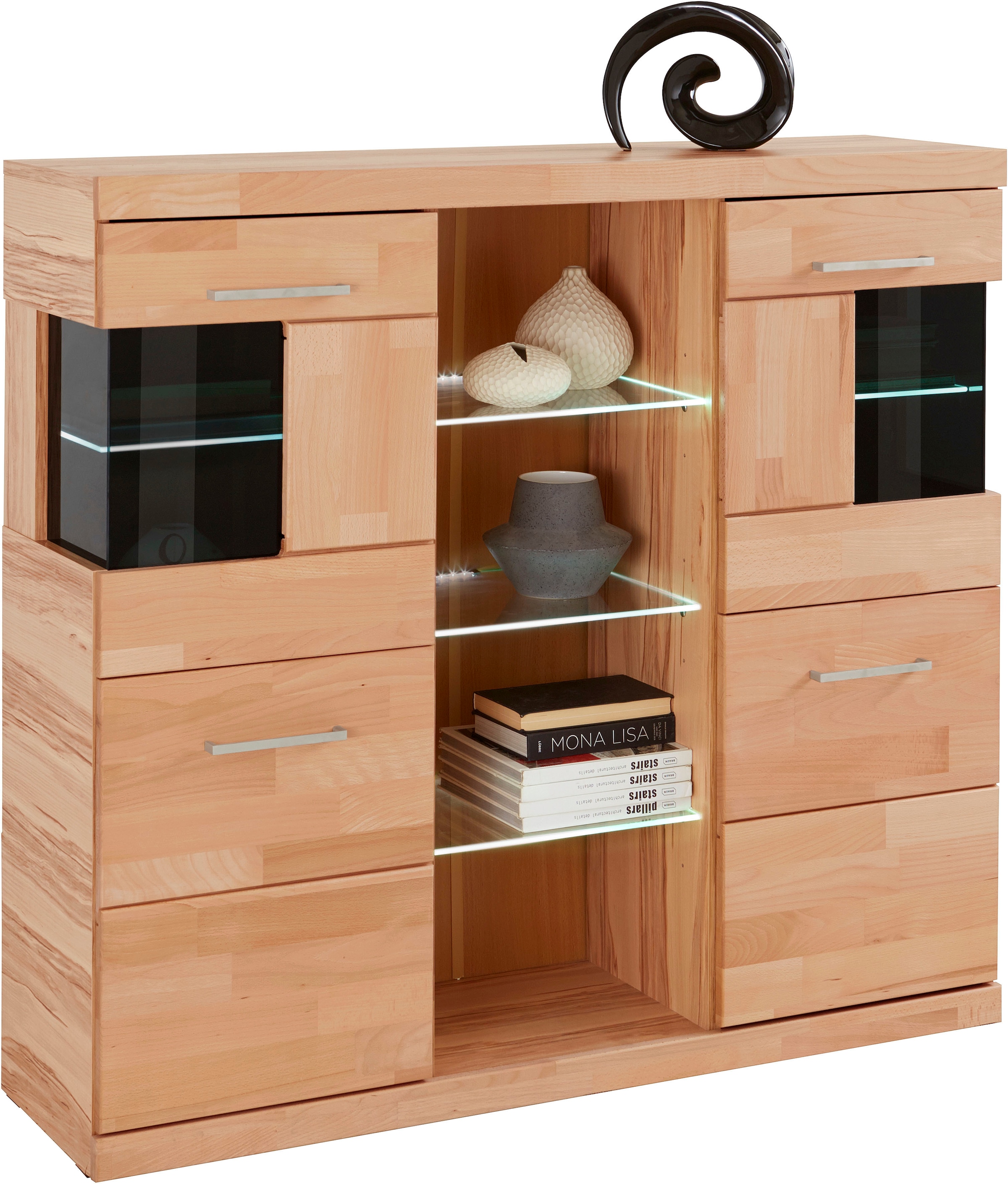 Home affaire Highboard »Ribe,120cm breit,112cm hoch,Oberplatte massiv,12 Fächer« Holz massiv, Holzwerkstoff, Metall Griffe,2Türen mit Glaseinsatz