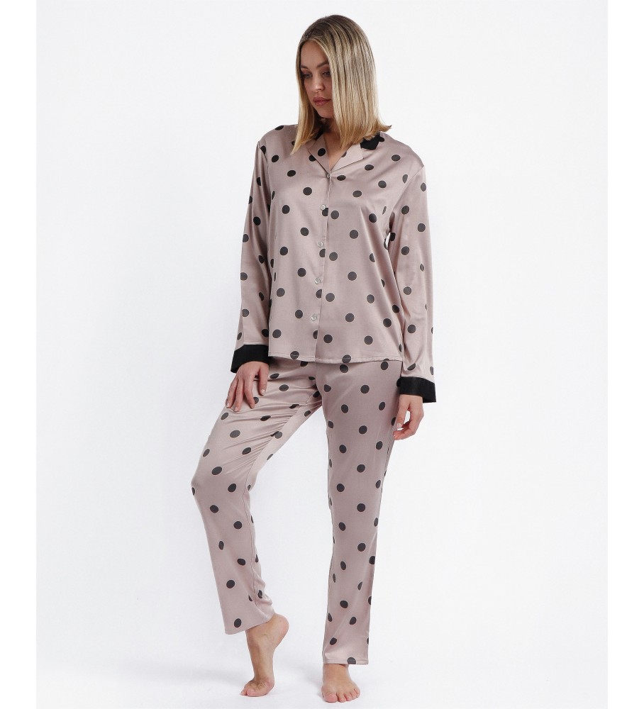 Pijama aberto Admas de manga comprida em cetim com elegantes bolinhas cinza