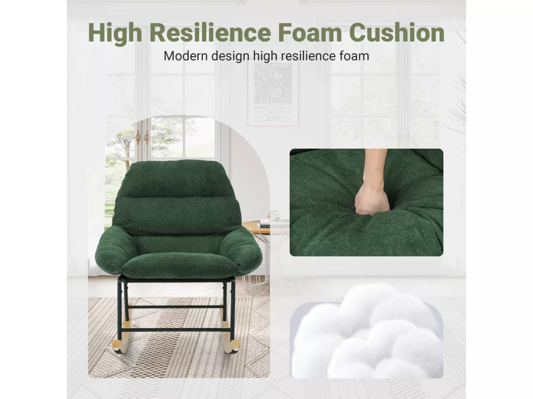 Fauteuil à bascule avec Coussin et pieds en bois massif, en tissu chenille vert, Allaitement, Profondeur d'assise 52cm, pour Chambre Salon