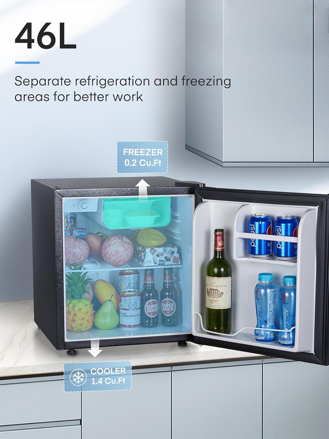 Mini Kühlschrank E 46L mit Eisfach, Kühlschrank Klein 42 dB, Wechselbarer Türanschlag, Energiesparend, Temperaturregelung, Ideal für Küche, Büro, Schlafzimmer, Hotels und kleine Wohnungen (Schwarz)