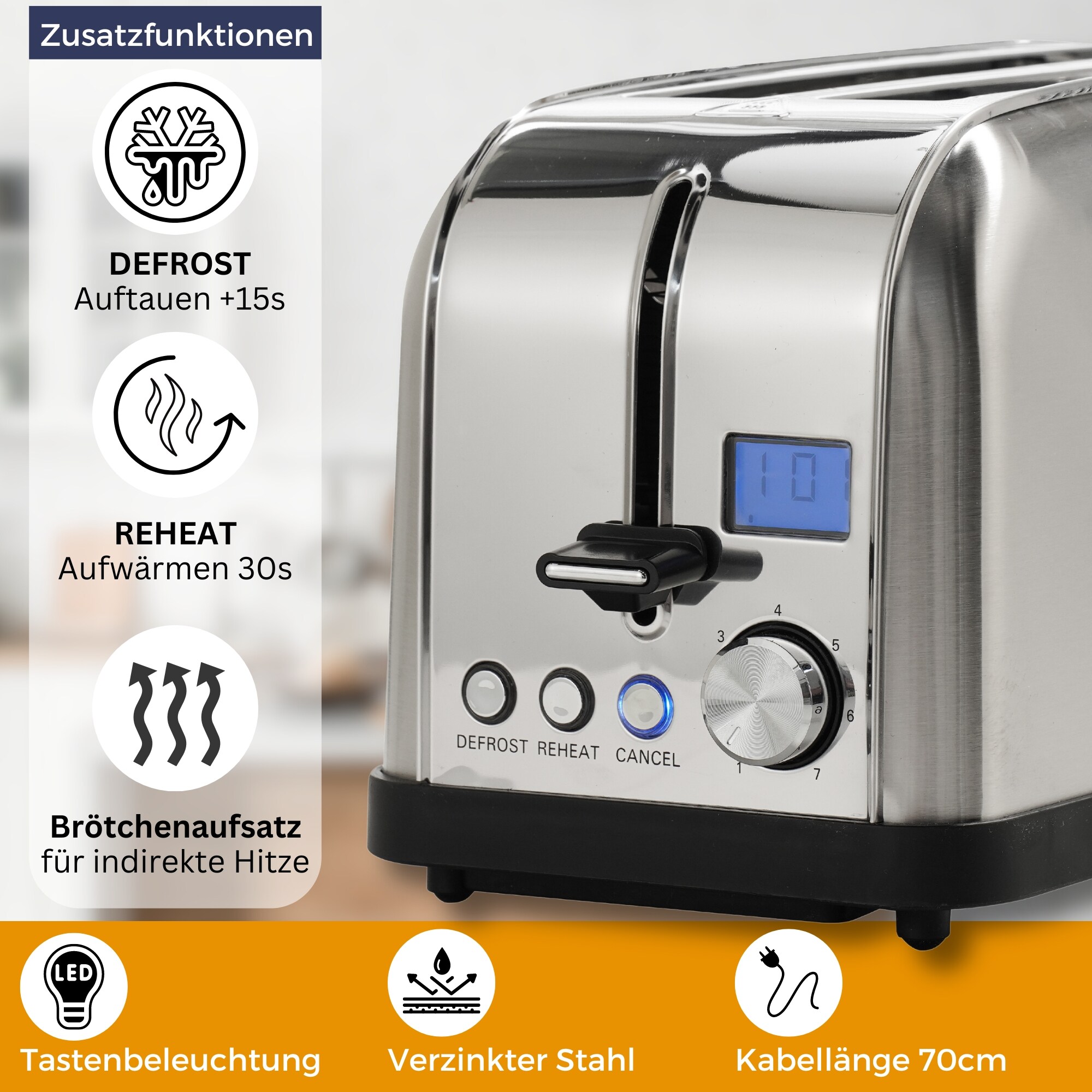 Sommertal Toaster ST1500 XXL, 4 Scheiben mit Brötchenaufsatz, Display mit Timer und Restlaufanzeige, Langschlitztoaster Restlaufzeit, Retro Design Langschlitz Edelstahl 1500W
