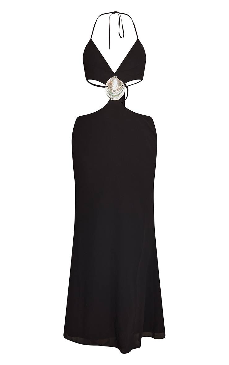 Noir Robe Longue En Mousseline Avec Ornement Coquillage