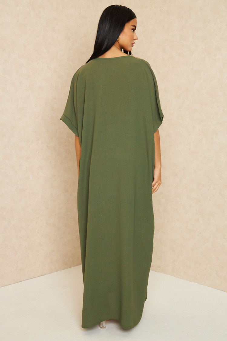 Abaya kaki à broderies dorées