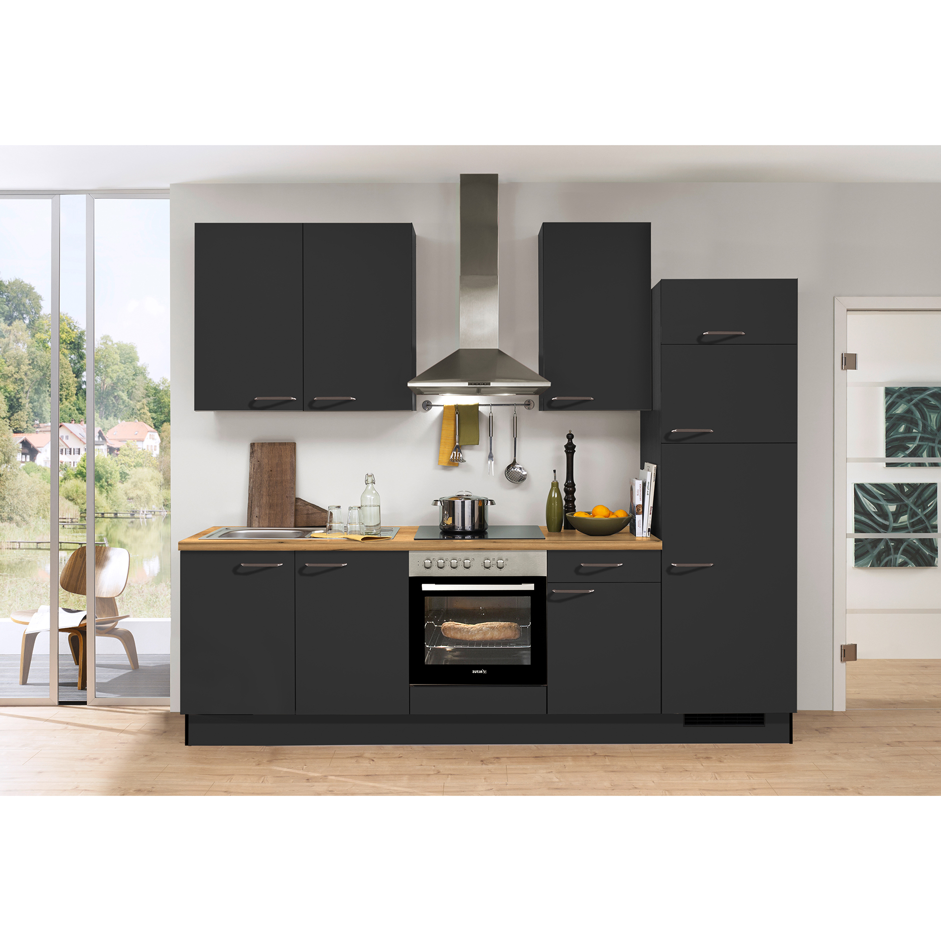 pino Küchenblock PN 80 - grafit - mit E-Geräten - Kühlschrank rechts - 270 cm