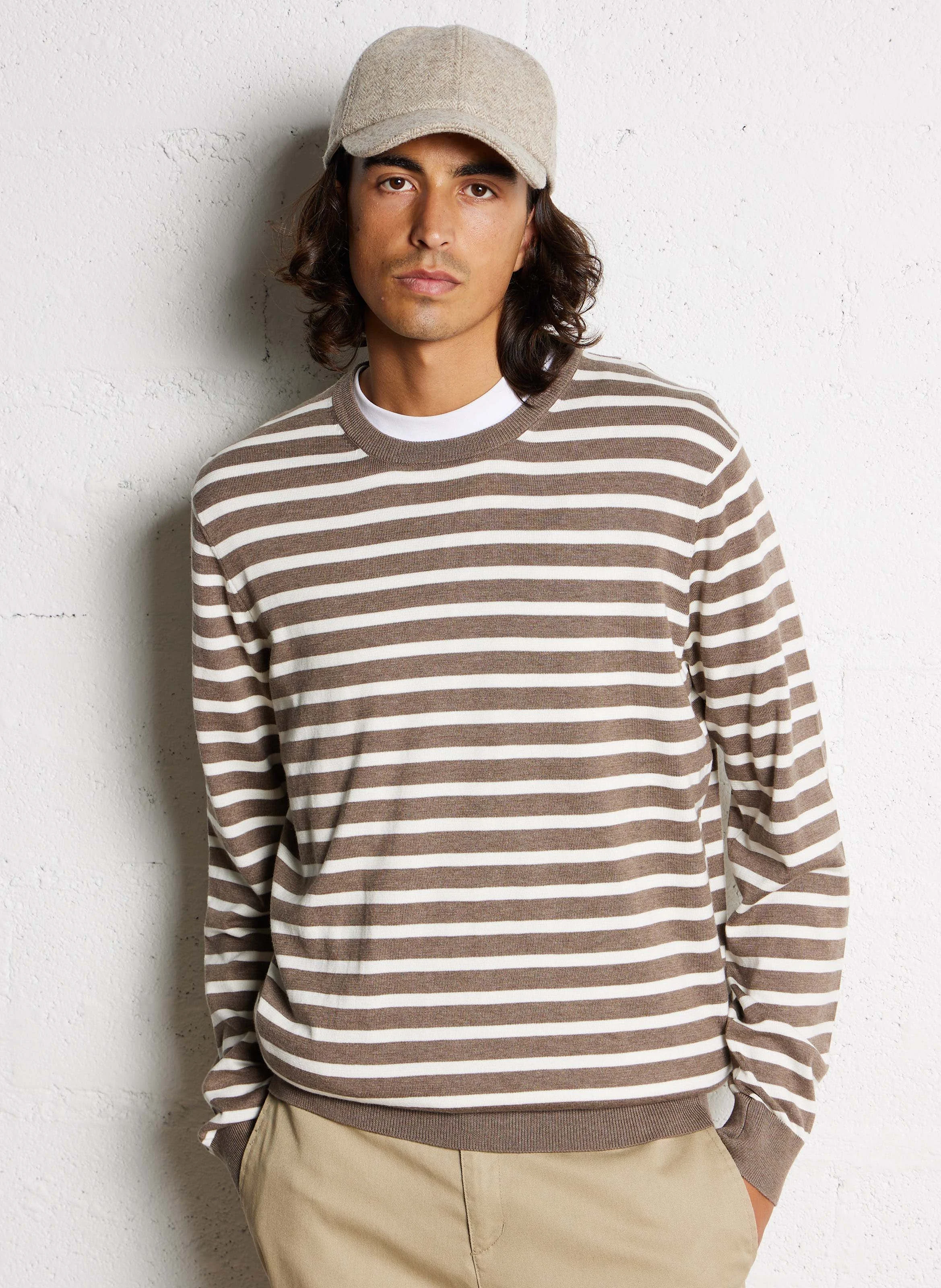 Pull col rond rayé en coton et en soie mélangés | Multicolore