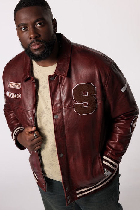 STHUGE Leder-Collegejacke, echtes Leder, Hemdkragen, bis 7 XL
