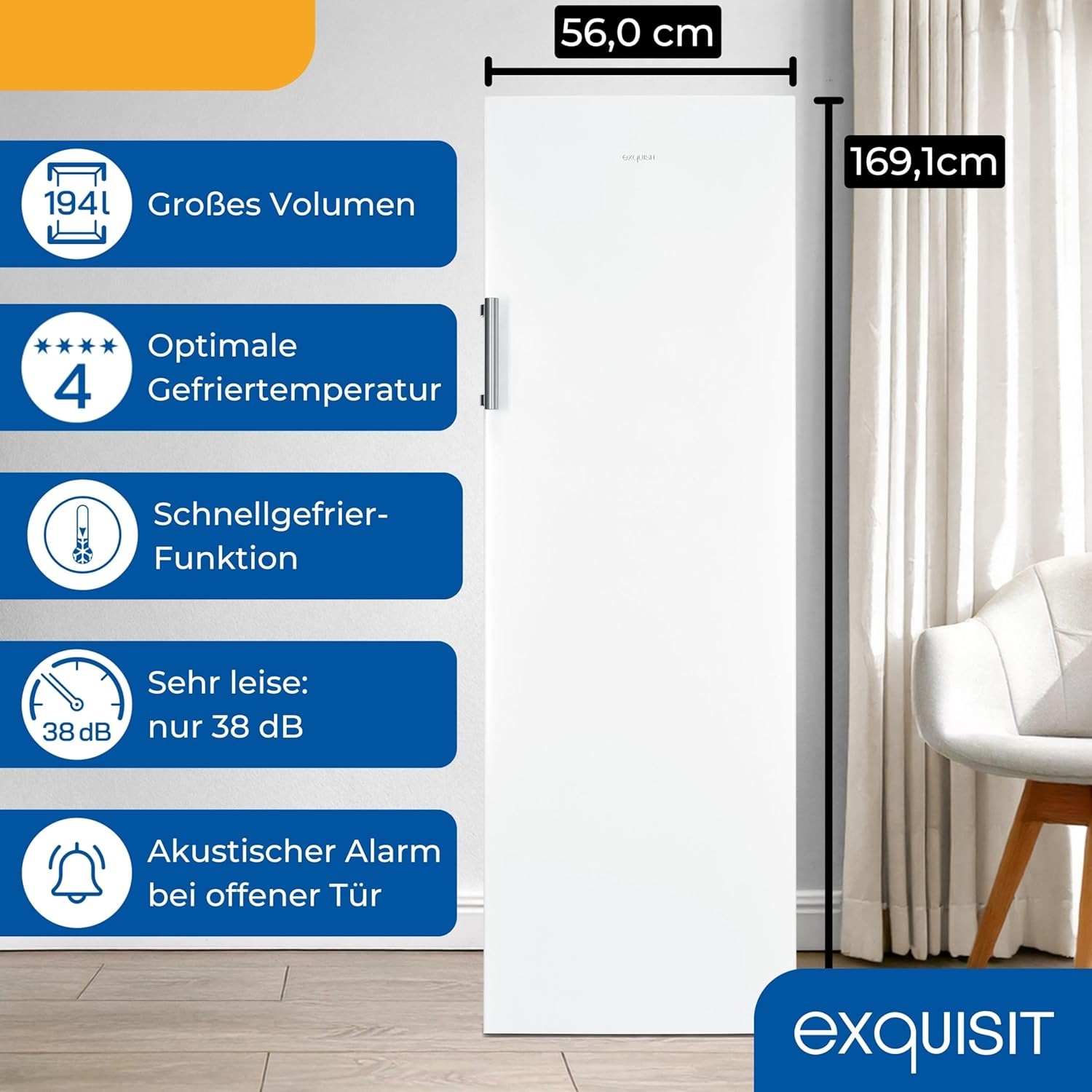Exquisit Gefrierschrank NoFrost, Tiefkühlschrank groß, 194 Liter, Alarm-Funktion, 4-Sterne-Gefrieren, Schnellgefrieren, LED-Display, GS5271-NF-H-010D weiss