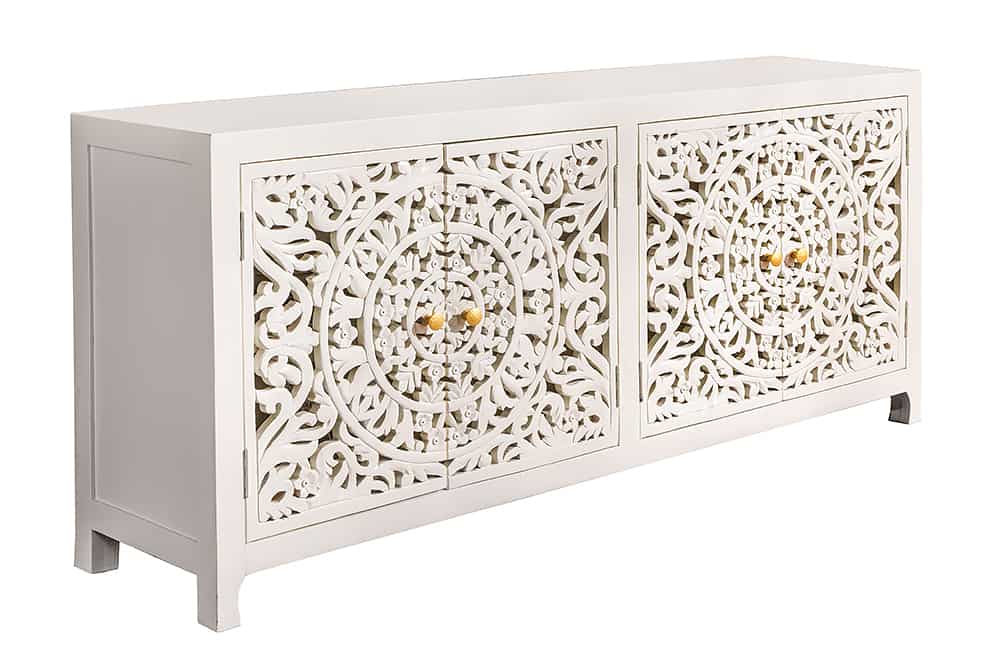 Massives Sideboard MARRAKESCH 170cm weiß Mangoholz mit Verzierung handmade